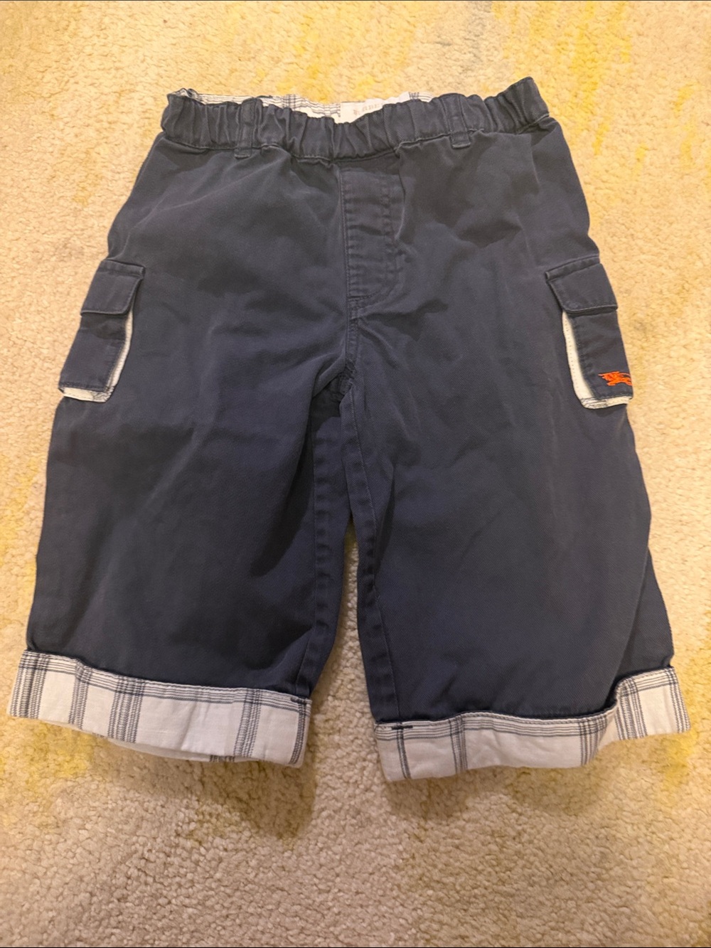 Burberry Toddler Navy Cargo Pants with Plaid Cuffed Hem